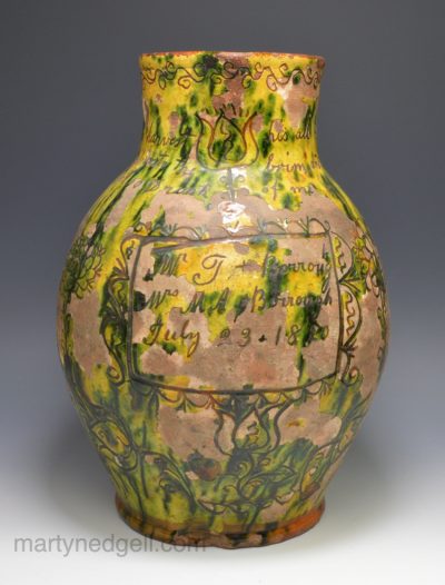Donyatt pottery sgraffito jug, dated July 22nd 1830