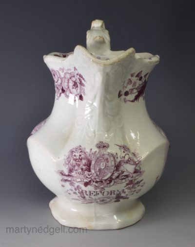 Commemorative pearlware pottery jug for the reform act, circa 1830