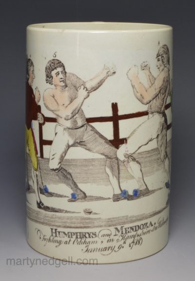 Pearlware pottery mug printed with the Humphrys and Mendoza boxing match, circa 1790