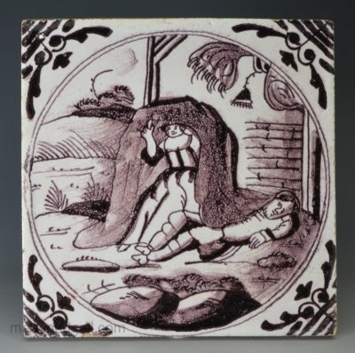 London delft biblical tile of Ruth and Boaz, circa 1760