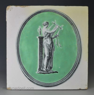 Liverpool delft tile decorated in a Sadler print of a Muse with a lyre, circa 1770