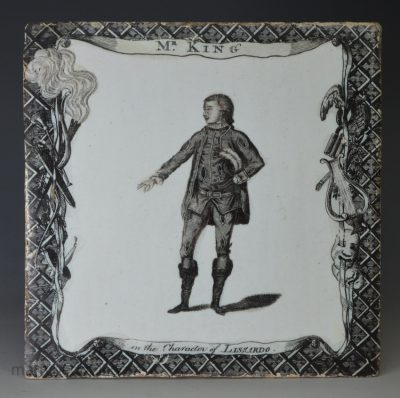 Liverpool delft tile decorated in a Sadler print of 'Mr King in the character of Lissardo', circa 1780