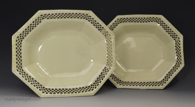 Pair of creamware pottery pierced octagonal shaped dishes, circa 1780