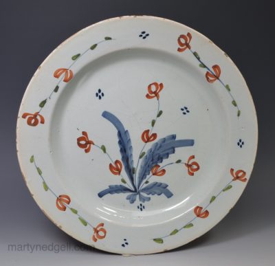 London polychrome delft pancake plate, circa 1740