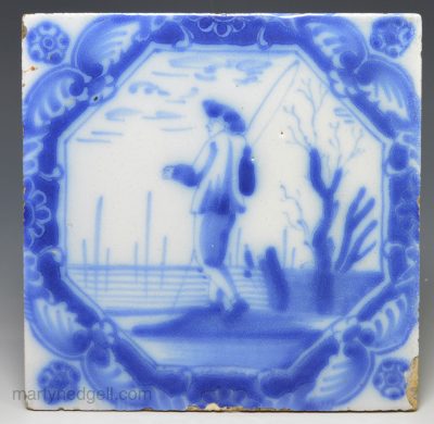 Liverpool delft tile decorated with man going fishing, circa 1750