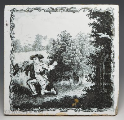 Liverpool delft Aesop’s Fable Sadler printed tile 'The Hawk and the Farmer', circa 1770