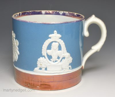 Pearlware pottery mug decorated with the prince of Wales, circa 1810