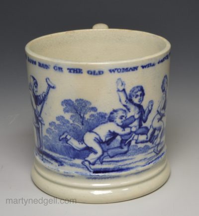 Pearlware pottery child's mug 'RUN BOYS RUN OR THE OLD WOMAN WILL CATCH YOU', circa 1830
