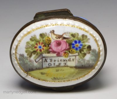 Bilston enamel patch box 'A Friends GIFT', circa 1780
