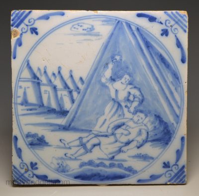London delft biblical tile of Jael killing Sisera, circa 1740