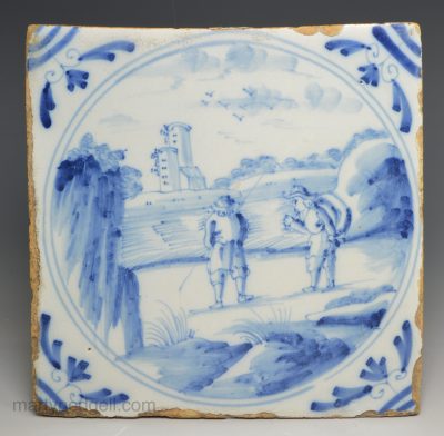 London delft tile decorated with two men, circa 1750