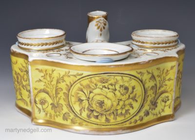 English porcelain yellow ground desk set, circa 1820