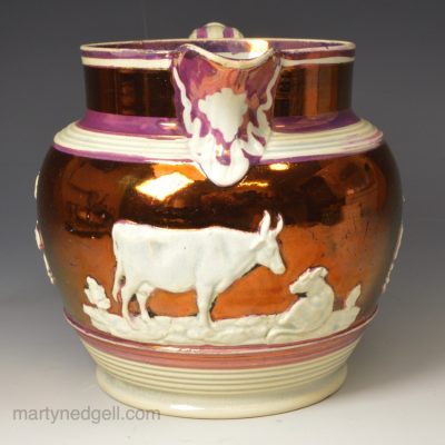 Pearlware pottery jug decorated with sprigs and lustre, circa 1830