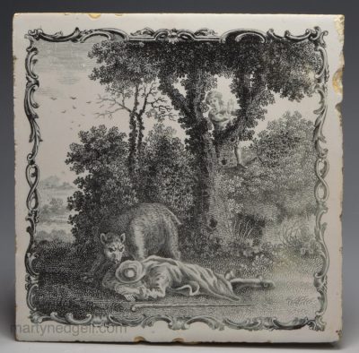 Liverpool delft tile, Sadler Æsop's Fable print of two travellers and the bear