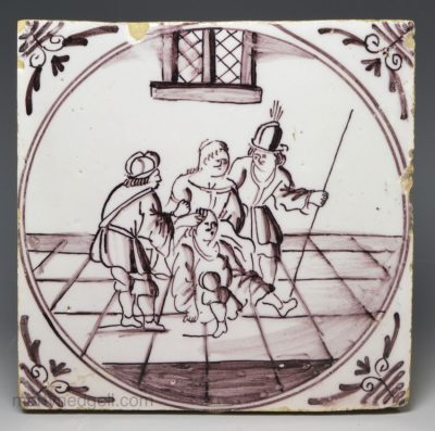 London delft biblical tile decorated with the shearing of Samson, circa 1750