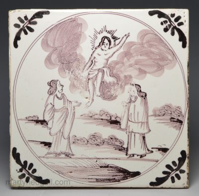 Bristol delft biblical tile of the Ascension, circa 1740