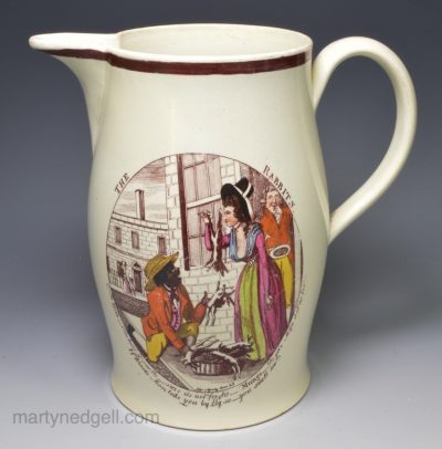 Pearlware pottery jug printed with a humorous street scene 'THE RABBITS', circa 1820