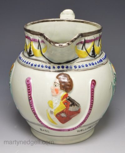Commemorative pearlware pottery jug 'EARL WELLINGTON', circa 1812