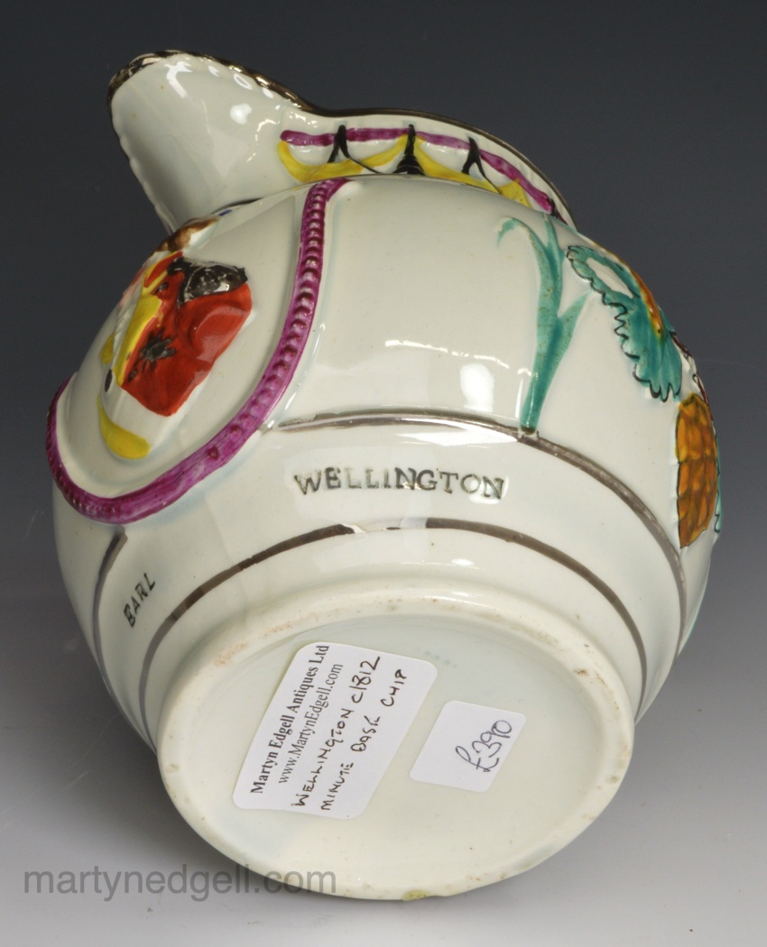 Commemorative pearlware pottery jug 'EARL WELLINGTON', circa 1812
