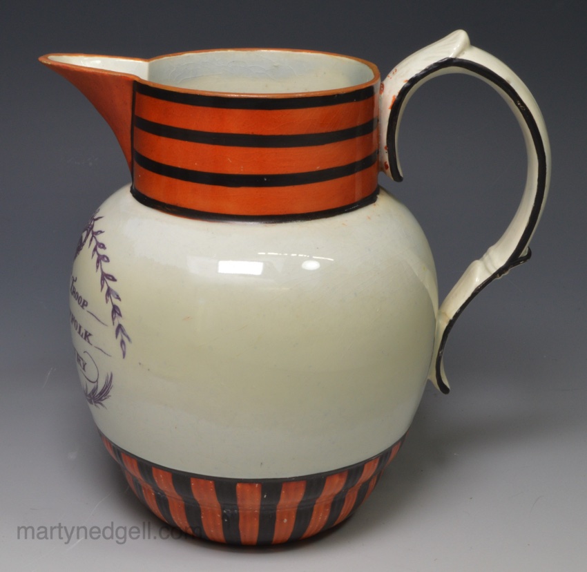 Commemorative pearlware pottery jug '1st TROOP LOYAL SUFFOLK YEOMANRY', circa 1810