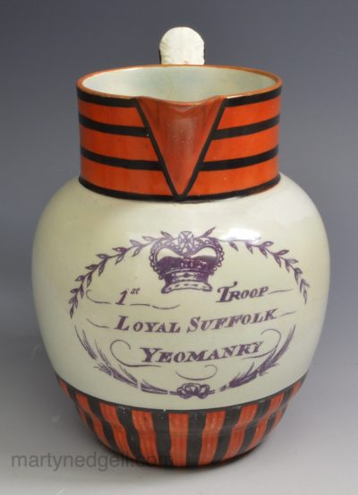 Commemorative pearlware pottery jug '1st TROOP LOYAL SUFFOLK YEOMANRY', circa 1810