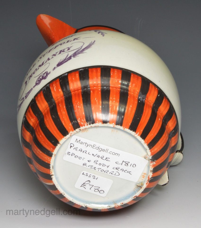 Commemorative pearlware pottery jug '1st TROOP LOYAL SUFFOLK YEOMANRY', circa 1810