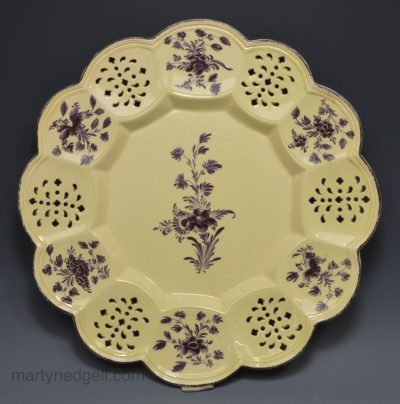 Pierced creamware pottery stand decorated with magenta enamels, circa 1770