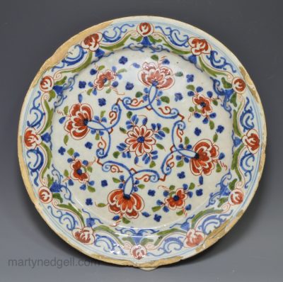 Bristol delft blue, red and green plate, circa 1720