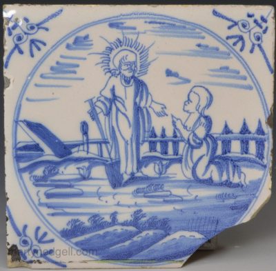 Dutch Delft biblical tile, Christ appears to Mary Magdalene, circa 1750
