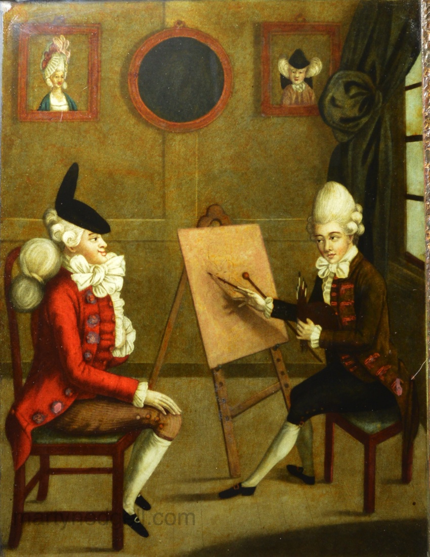 Reverse print on glass 'The MACARONI PAINTER, or BILLY DIMPLE sitting for his PICTURE', circa 1772