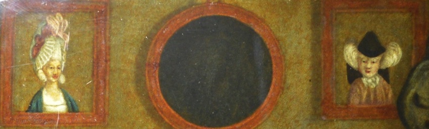 Reverse print on glass 'The MACARONI PAINTER, or BILLY DIMPLE sitting for his PICTURE', circa 1772