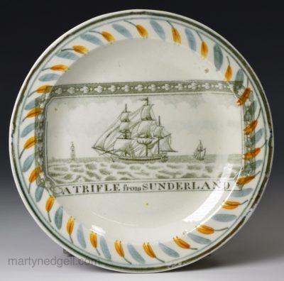 Small prattware pottery plate 'A TRIFLE from SUNDERLAND', circa 1825