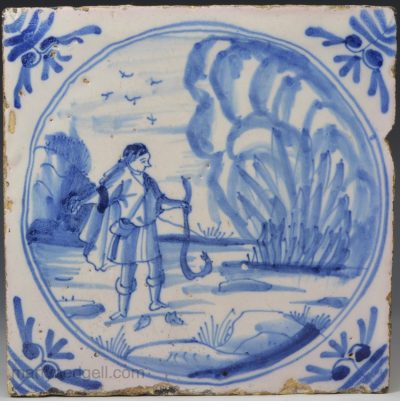 London delft biblical tile decorated in blue, circa 1750 Moses with the serpent before the burning bush
