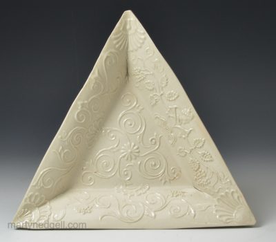 Staffordshire white salt glaze stoneware triangular moulded tray, circa 1760