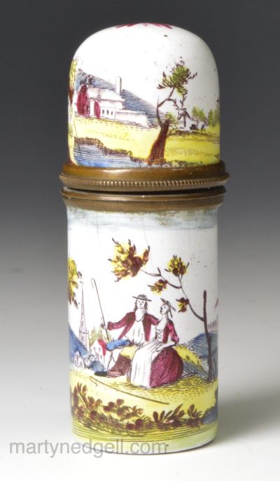 Bilston enamel scent bottle printed with rural scenes, circa 1770