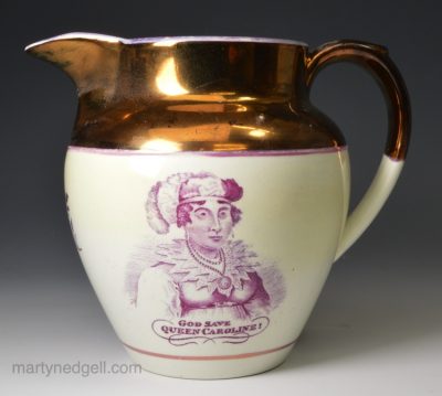 Pearlware pottery jug printed with Queen Caroline and the Green Bag verse, circa 1821