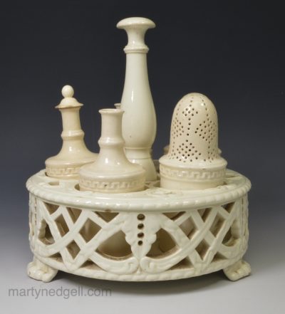 Wedgwood creamware pottery condiment stand with later replacement condiments, circa 1790