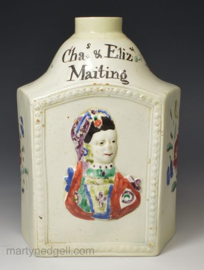 Pearlware pottery tea canister moulded with the profiles of George III and Charlotte, circa 1780