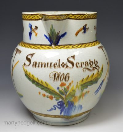 Prattware pottery farming jug, Samuel Scragg 1806