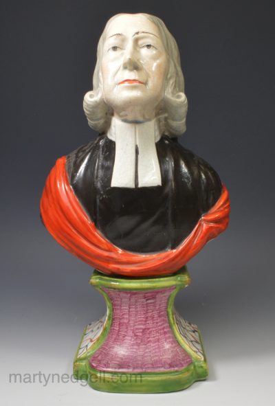 Staffordshire pearlware pottery bust of the Rev. John Wesley, circa 1820
