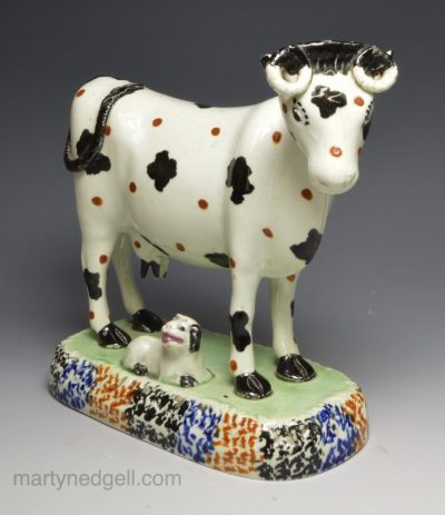 Yorkshire prattware pottery figure of a cow, circa 1820