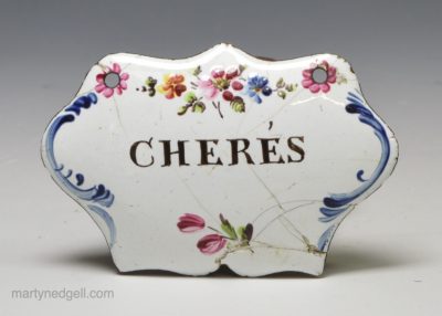 Staffordshire enamel wine label, circa 1800