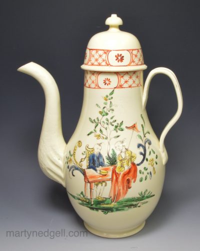 Creamware pottery coffee pot decorated with a Man and Woman, circa 1770