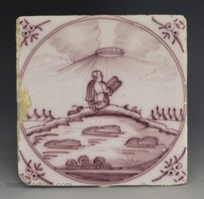 Dutch Delft biblical tile of Moses and 10 Commandments, circa 1750
