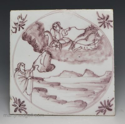 Bristol delft biblical tile of Elijah carried up to heaven, circa 1750