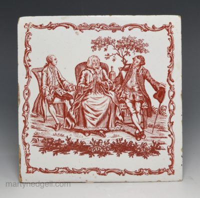 Liverpool delft Sadler printed tile of an old lady in a chair with two gentlemen, circa 1770