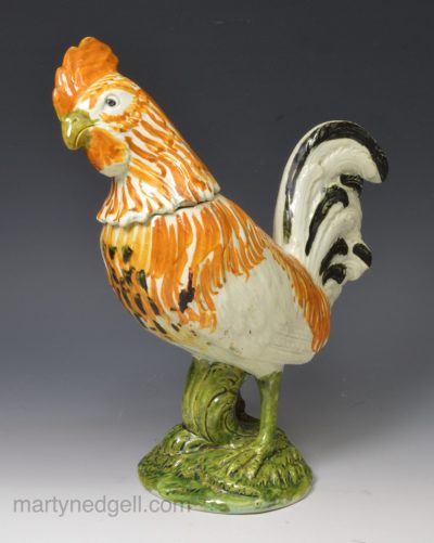Prattware pottery cockerel with a removable head, circa 1820