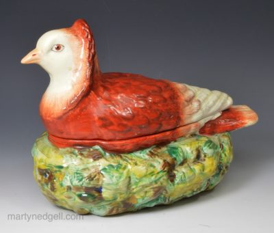 Pearlware pottery pigeon tureen decorated with overglaze enamels, circa 1800