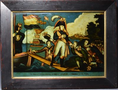 Reverse print on glass of William of Orange later William III returning to Holland, circa 1810