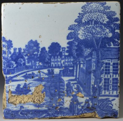 Rare Liverpool Sadler block printed tile, a Dutch Canal Scene, circa 1756-57